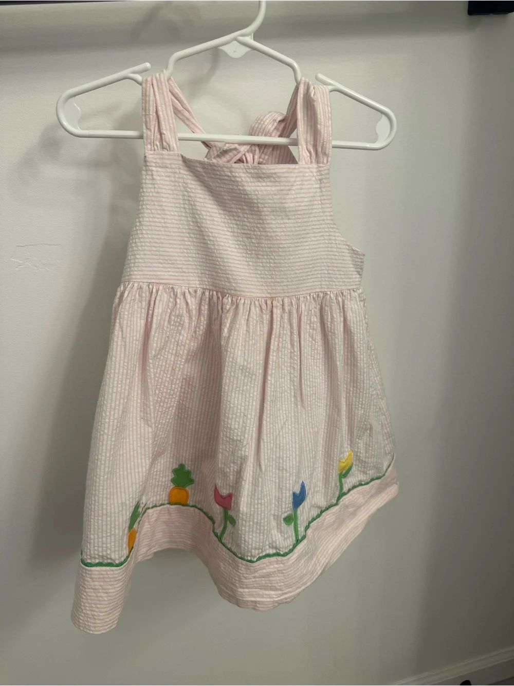 Florence Eiseman Pink Seersucker Dress with Floral Embroidery